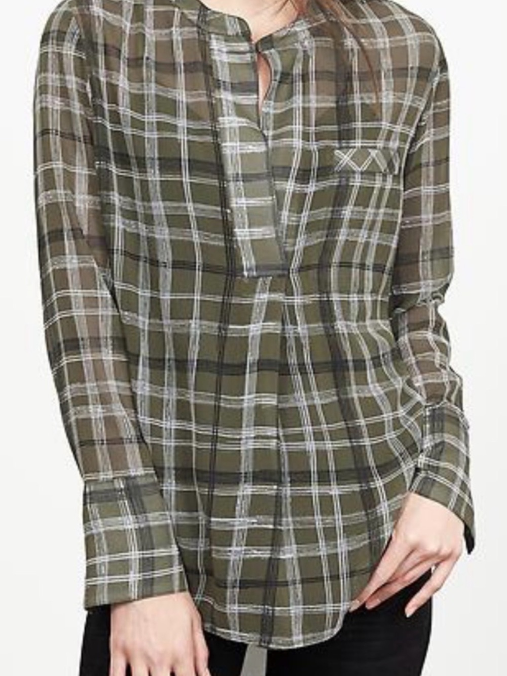 Banana Republic Olive Green Plaid Split-Neck Blouse